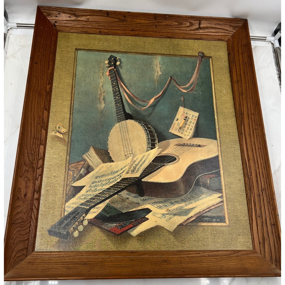 VTG Albo Strummin' Days Framed Art Print Guitar Banjo Music Still Life 28x24 MCM